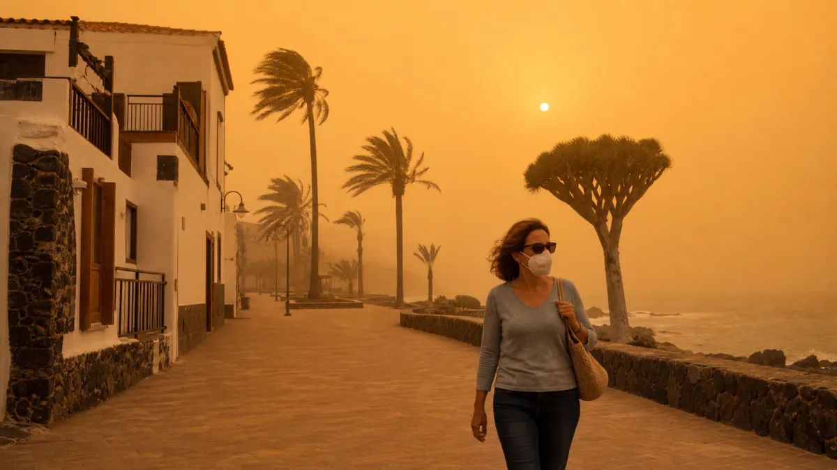 Mujer con mascarilla FFP2 en un paseo marítimo canario bajo un cielo amarillento por la calima en Canarias.