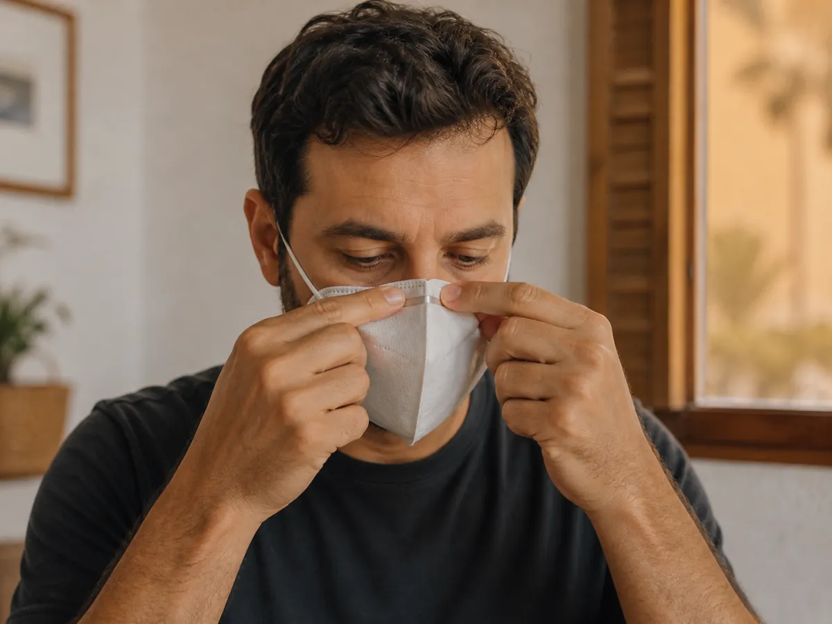 Persona ajustando el clip nasal de una mascarilla FFP2 para protegerse de la calima en Canarias.