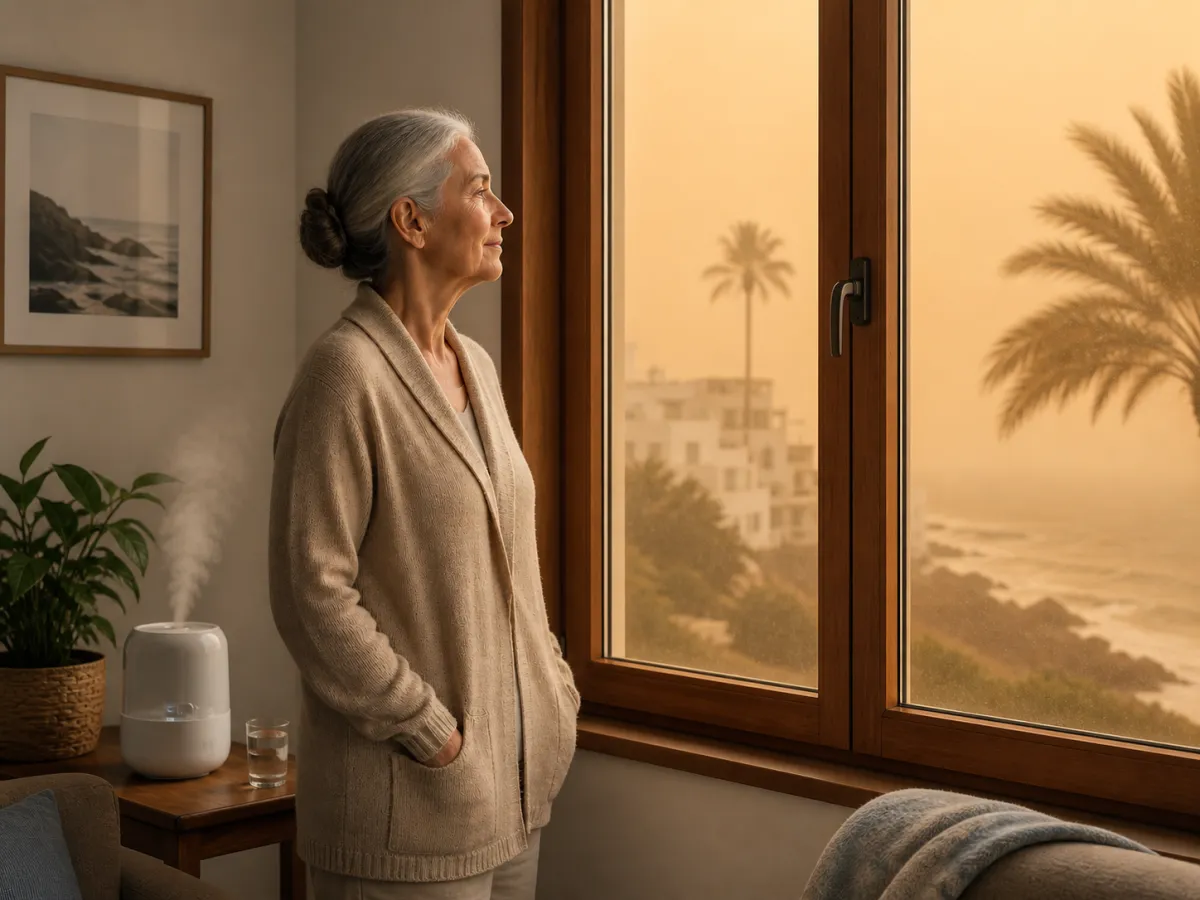 Mujer mayor mira por una ventana cerrada en casa durante un episodio de calima en Canarias, con humidificador encendido.