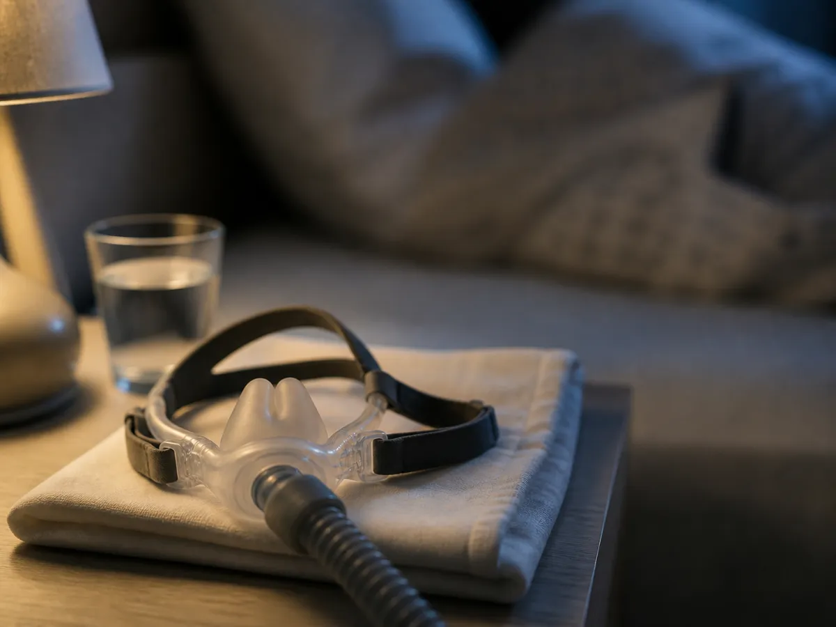 Mascarilla nasal de CPAP sobre una mesilla, con una persona durmiendo al fondo desenfocada en un dormitorio en penumbra.