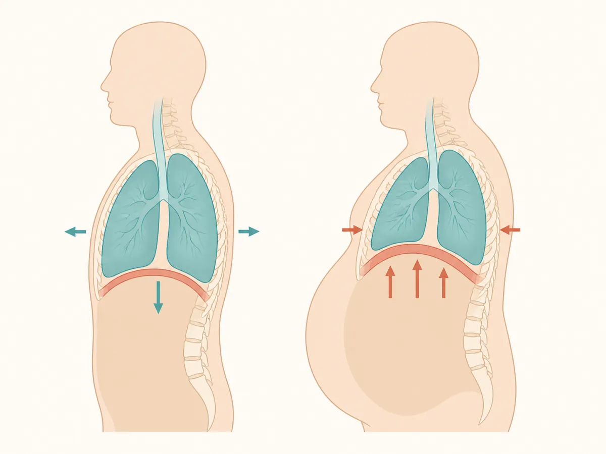 Esquema comparativo de la mec&aacute;nica pulmonar normal frente a la restricci&oacute;n del diafragma por obesidad abdominal.