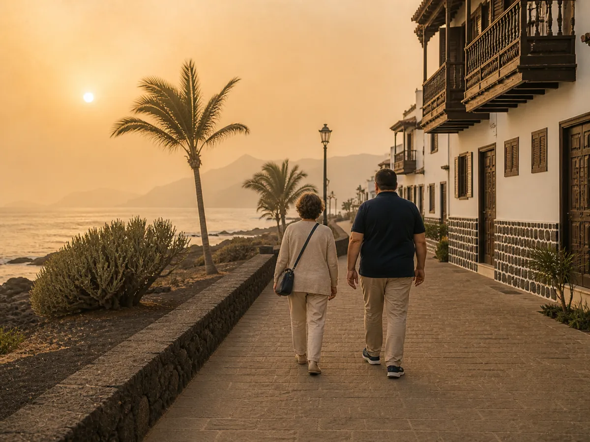 Dos personas pasean al atardecer por un paseo mar&iacute;timo canario con calima, vegetaci&oacute;n local y arquitectura de bajo perfil.