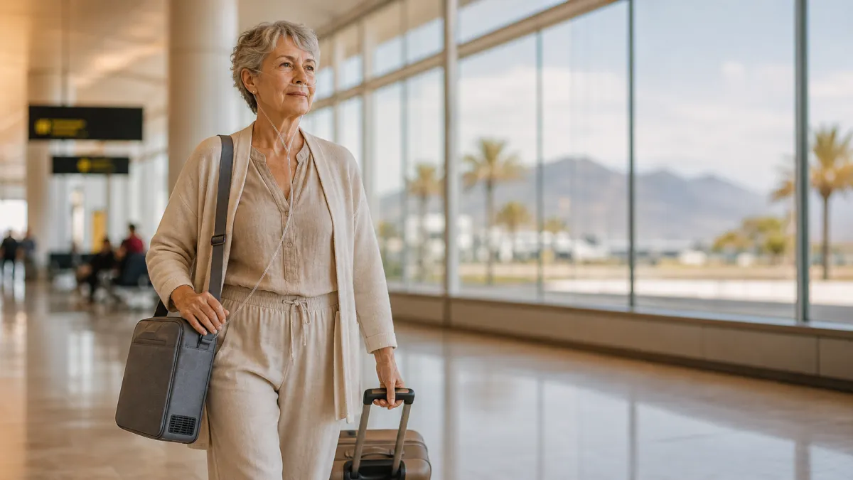 Mujer mayor camina por un aeropuerto canario con su concentrador de oxigeno portatil al hombro y maleta de cabina.