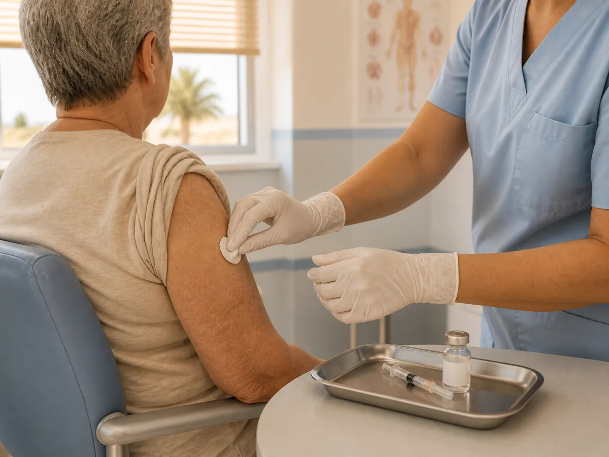 Jeringuilla y vial preparados para vacunación de pacientes respiratorios en consulta de centro de salud en Canarias.